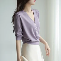 new womens 2022 summer middle sleeve v neck pearl button purple ice silk t shirt top