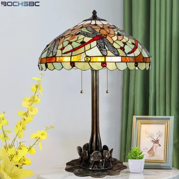 BOCHSBC Tiffany Style Table Light Red Dragonfly Stained Glass Shade Bronze Frame Lotus Casted Base Desk Lamps Luxury Art Decor