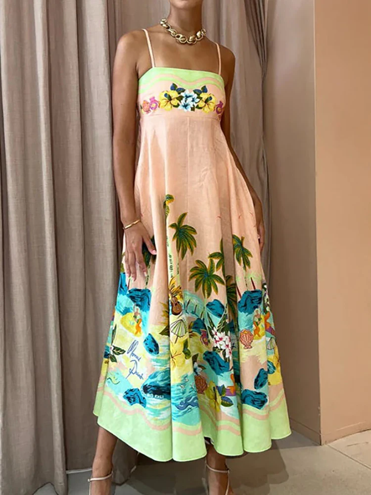 

2023 Sling Party Dress Women Summer Loungewear Backless Elegant Printing Maxi Dress Sleeveless Fashion Streetwear Dropshipping
