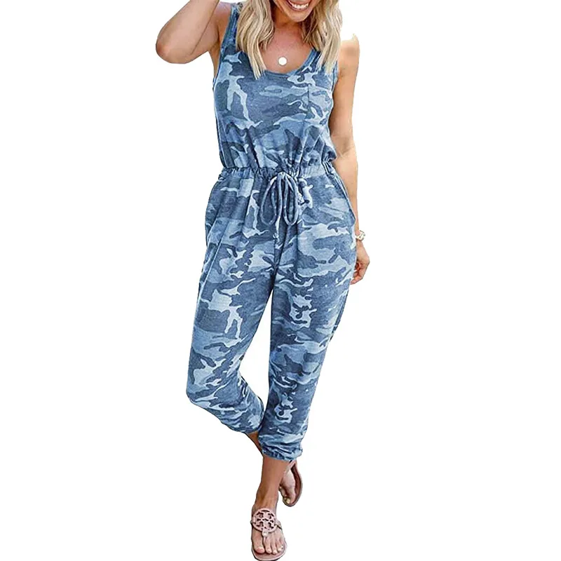 

Women's Athleisure Crew Neck Sleeveless Drawstring Pocket Women's Jumpsuit