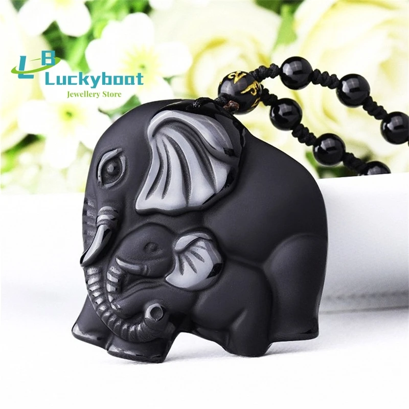 

Dropship Natural Black Obsidian Cute Mother Baby Elephant Pendant + Free Beads Necklace For Men Or Women Amulet Gift Jewelry