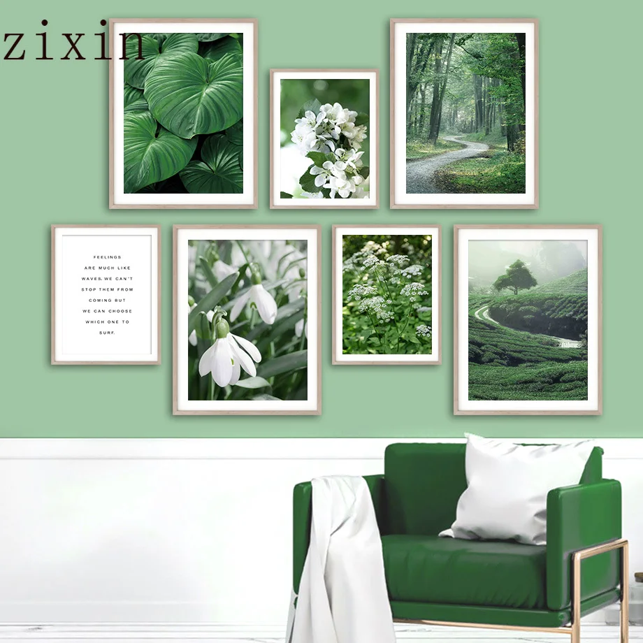 

Green Forest Trail Wall Art White Flowers Green Leaves Canvas Nordic Posters Paintingand Prints Pictures for Living Room Decor