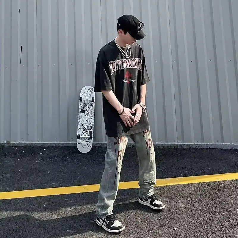 DEEPTOWN Ripped Motorcycle Jeans for Men Streetwear Denim Trousers Male Loose Casual Punk Printing Men's Youth Straight Hip Hop