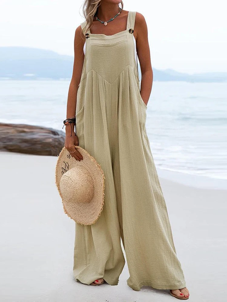 

2022 New Summer Women Sleeveless Wide Leg Pants Jumpsuits Casual Pocket Simple Loose Ladies Bodysuit Streetwear Loungewear