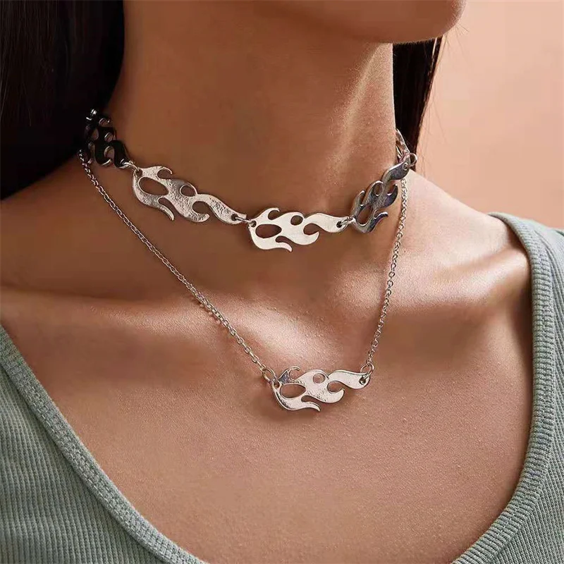 

Gothic Style Hip-hop Flame Double-layer Clavicle Chain Punk Personality High-quality Necklace 2023 New Exaggerated Jewelry