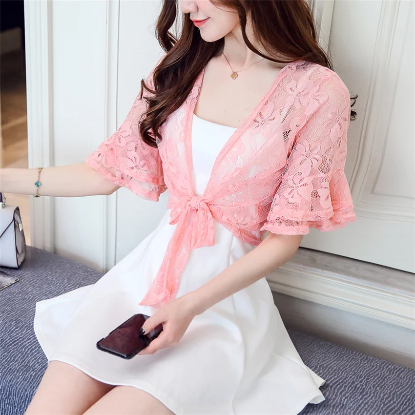 

2023 New Summer Elegant Women Flare Sleeve Lace Shawl Capes Lady Bow Tie Wrap Bolero Accessories Tops Sun Protection Coats 2113