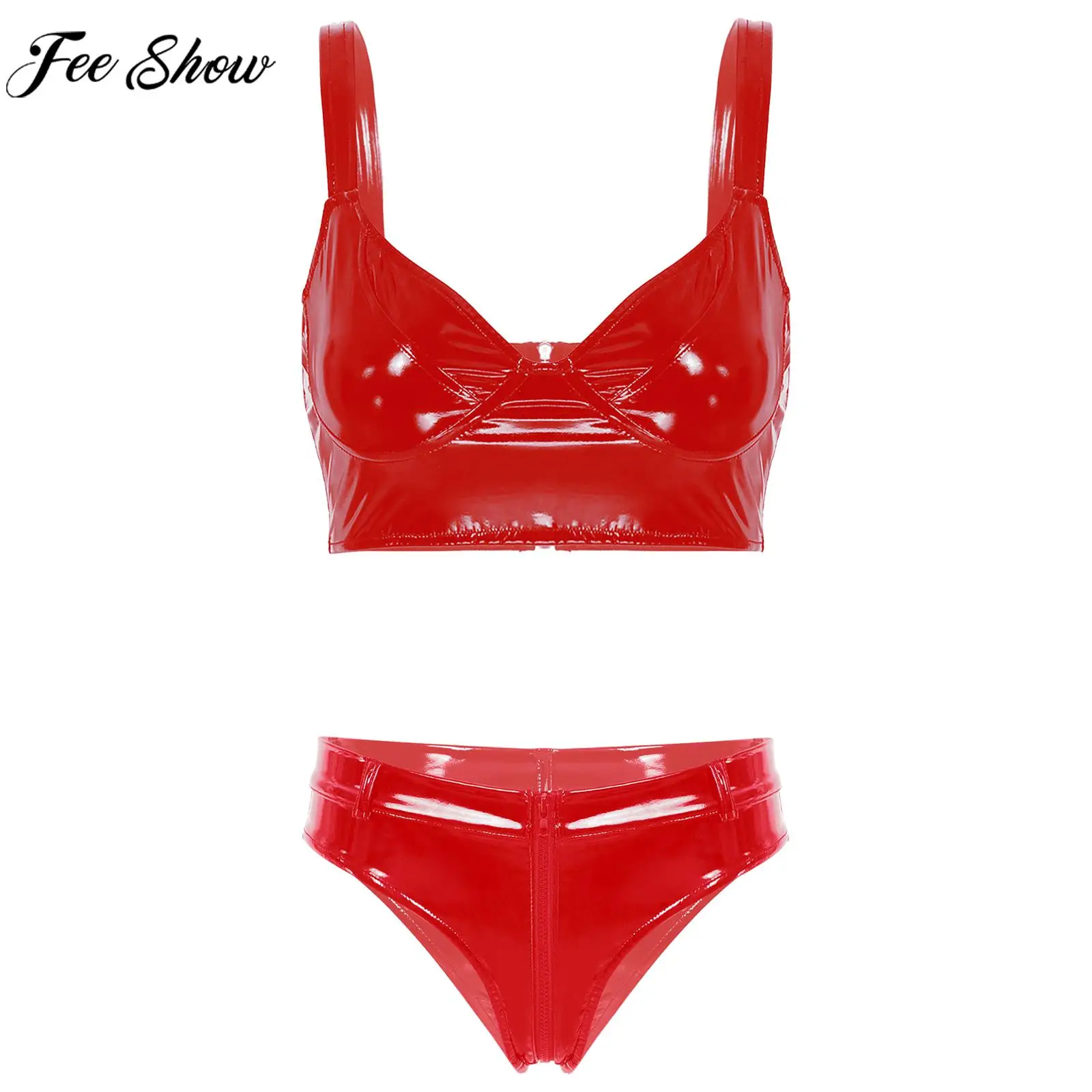 

Womens Wet Look Pole Dancing Performance Costume Patent Leather Lingerie Set Bra Tops with Zipper Crotch Booty Briefs Clubwear