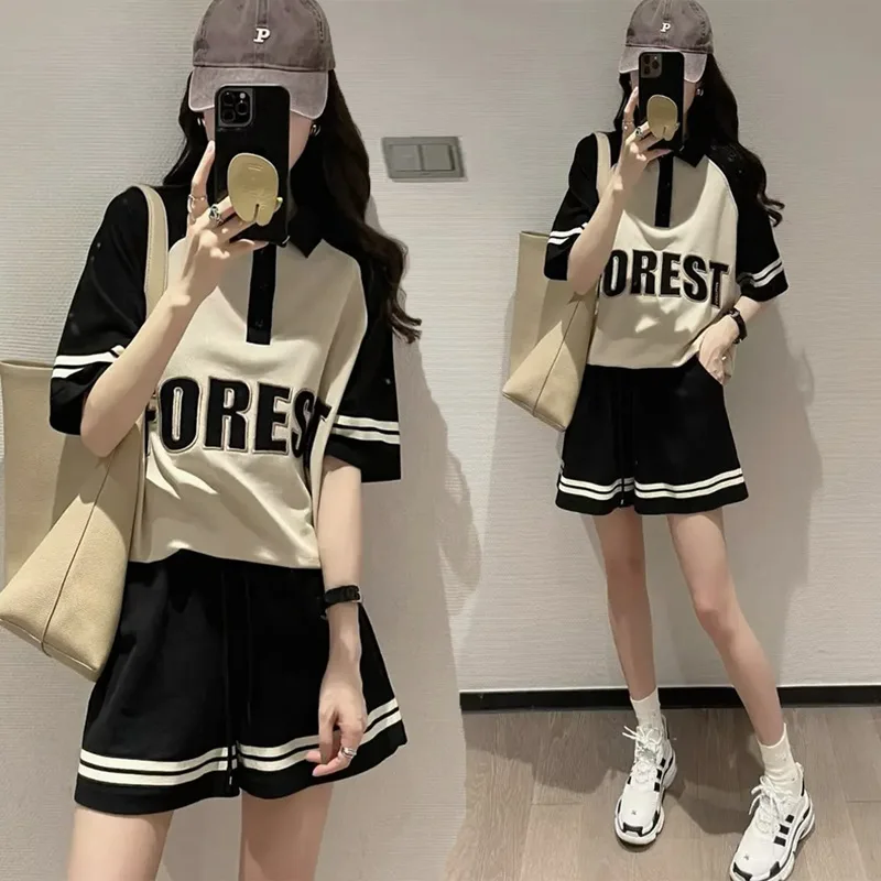 

Women'S Suit For Summer 2022 New Fashion Casual Sportswear Female Polo Collar Patchwork Pullover Tops & Shorts 2 Pieces Outfits