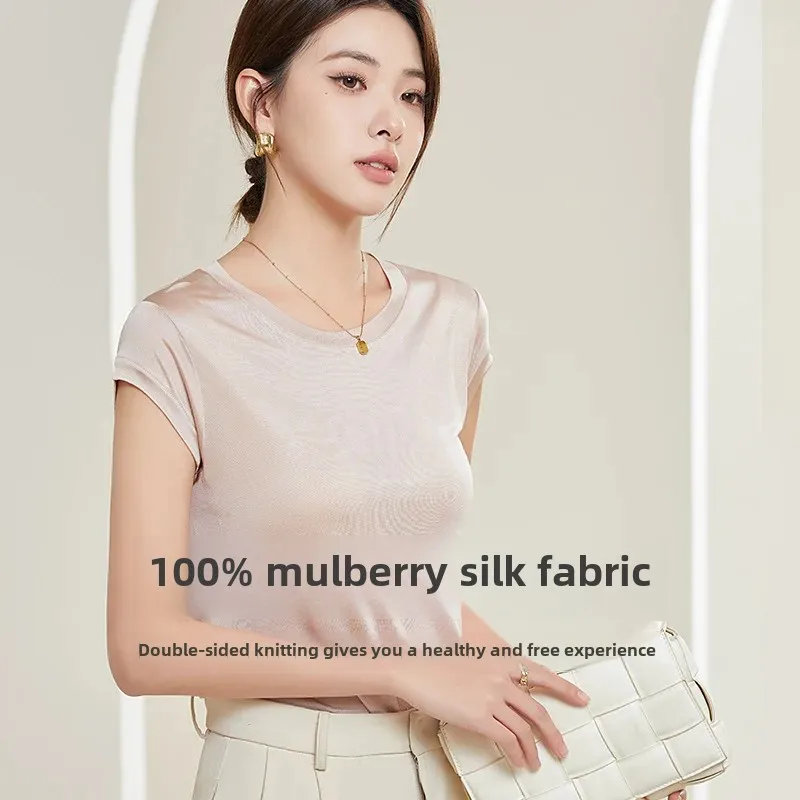 Tangge весна-лето натуральная шелковая футболка с короткими рукавами и круглым