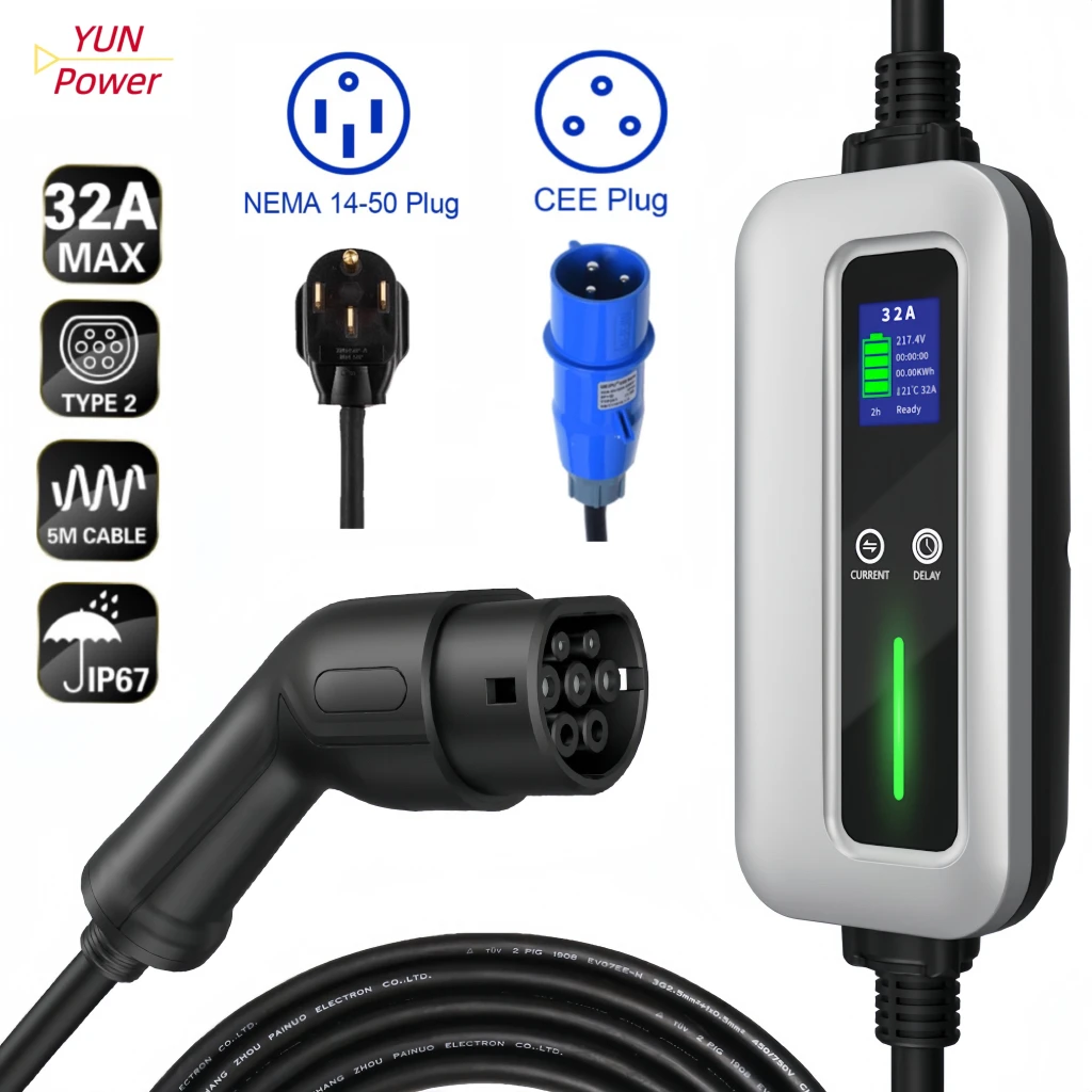 Портативное зарядное устройство для электромобилей, 11 кВт, 40 А, тип 1, зарядное устройство с вилкой CEE, класс водонепроницаемости IP67, кабель 5 м, зарядное устройство для электромобиля