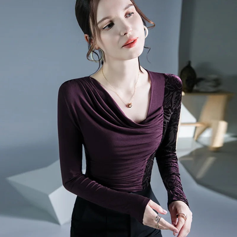 

HIgh Quality 2023 Women T-shirt Joint Style Design Female Autumn Sexy Crop Top Clothes Casual Fashion Blouses Grace Meeting