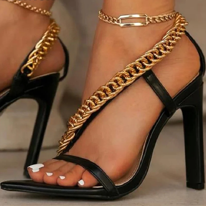 

Summer Mature Ladies Sandals PU Metal Chain Prom Shoes Exquisite Sewing Thread Pointed Toe Square Heel Sexy Women's Sandals 2022