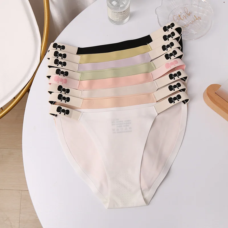 

Milk Silk Briefs Women Underpant Bikini Sexy Seamless Ice Silk Panties Ladies Bow One Belt Low Waist Female Comfortae lLingerie