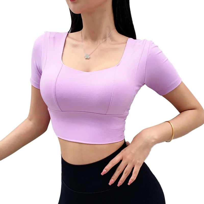 

Women Square Neck Slim Workout Crop Top Short Sleeve Yoga Sports Shirt With Built In Bra Vest Athletic Fitness Running Tops