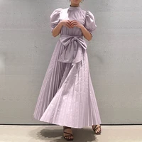 women long maxi dresses summer 2022 solid color korean japanese casual elegant fashion bowknot puff sleeve vintage pleated dress