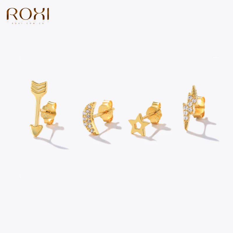 

ROXI 925 Sterling Silver 4PCS Stud Earring Sets For Women Arrow/Lightning Exquisite Zircon Punk Piercing Gold Color Ear Jewelry