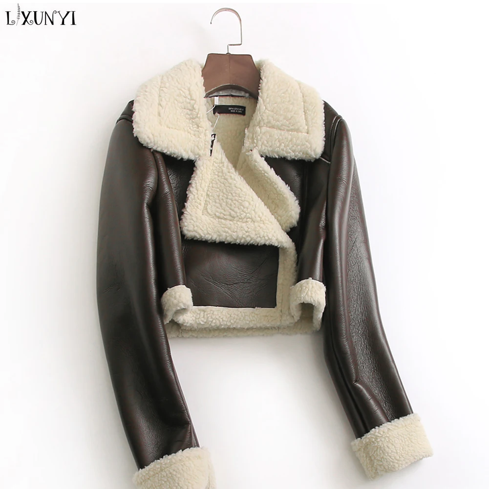 Winter Short Leather Coat Women Zipper Thick Warm Fur Lapel Short Bomber Jackets Female Velvet Lamb Fur Faux Leather Jacket
