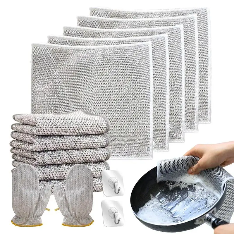 

Multifunctional Non Scratch Wire Dishcloth Silver Silk Bamboo Charcoal Dishwashing Towel With Gloves And Hook Dishwashing Rags