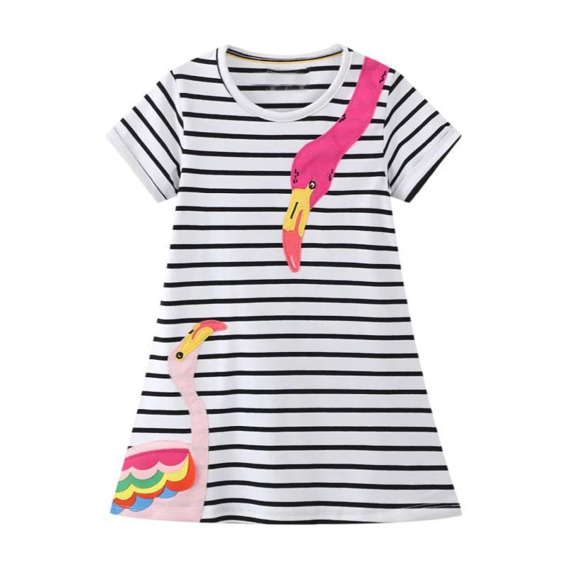 

Little maven 2022 Children Casual Dress Summer Cotton Cartoon Flamingo Lovely Frocks for Kids 2-7year