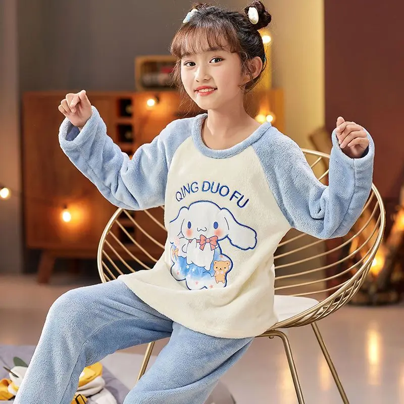 

Sanrio Pyjamas Hello Kittys Kuromi Cinnamoroll Plush Children's Kawaii Cartoon Anime Loungewear Girls Thick Coral Fleece Pyjamas