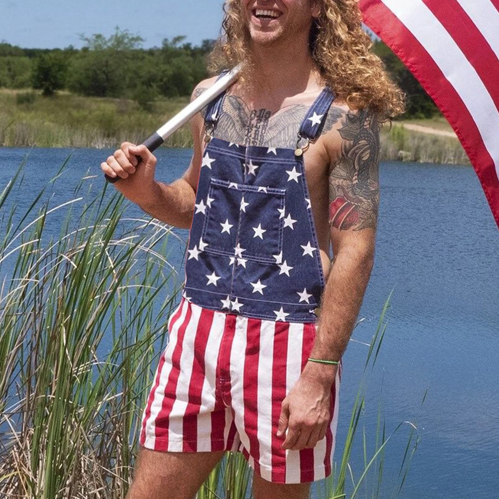 

Джинсовый комбинезон унисекс на подтяжках, Короткий Повседневный Комбинезон из денима с флагом, с регулируемыми пуговицами, одежда для пар