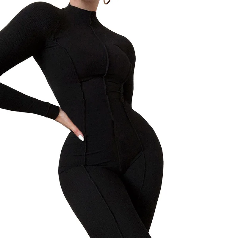 Women Chic Casual Solid Color Bodycon Black Sexy Jumpsuit 2023 Spring Autumn High Neck Slim Long Sleeve Jumpsuits