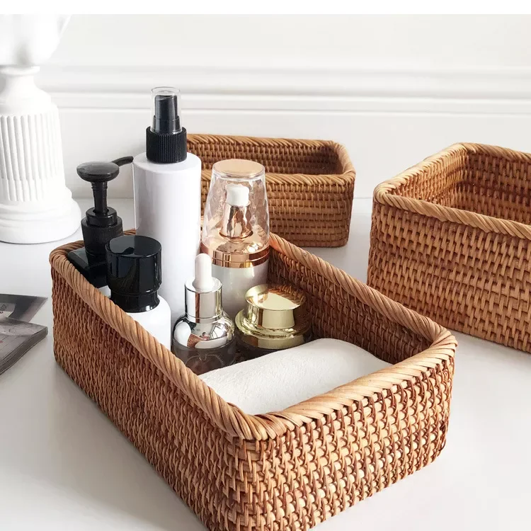 

Hand-Woven Rattan Wicker Basket Fruit Tea Snack Bread Basket Cosmetic Rectangular Storage Box Household Kitchen Supplies