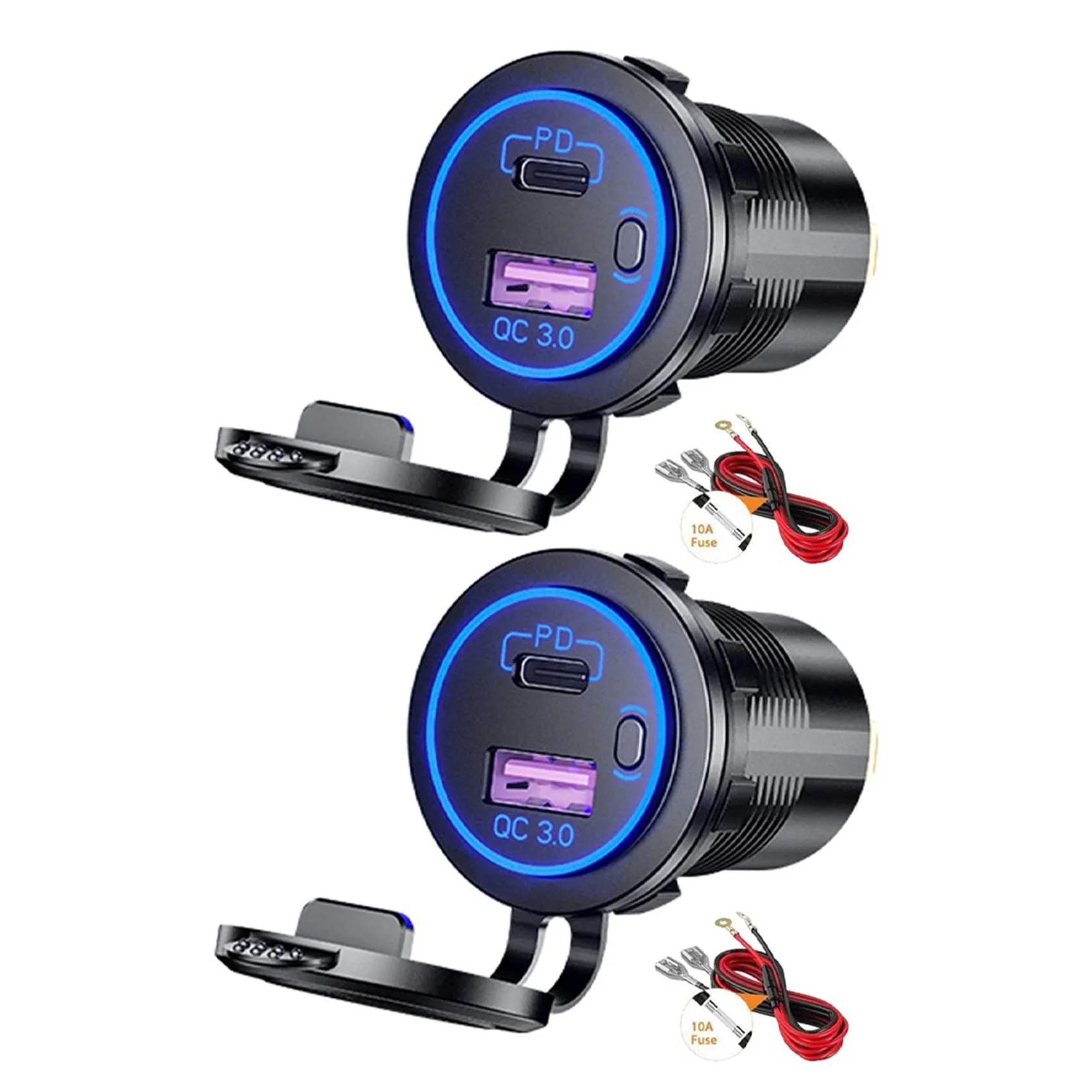 Фото Автомобильная розетка 12В с двумя портами USB Type-C PD и быстрой зарядкой QC 3.0, с выключателем, для мотоциклов, автофургонов и квадроциклов №2