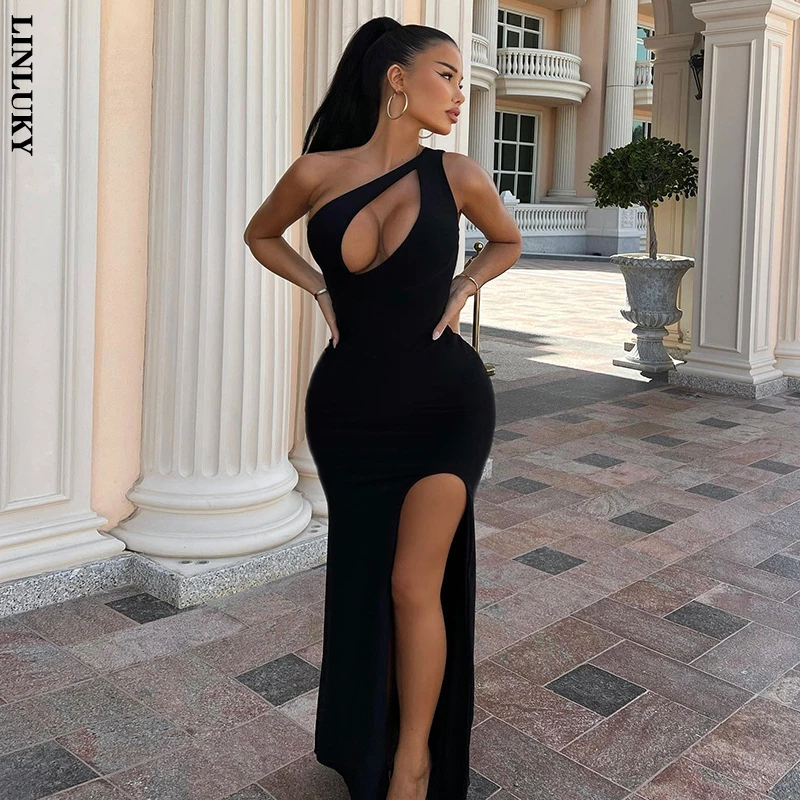 

Fashion Sloping Shoulder Women Summer Dress Sexy Hollowed-out Slim Slit Bag Hip Temperament Club Party Festival Midi Dresses