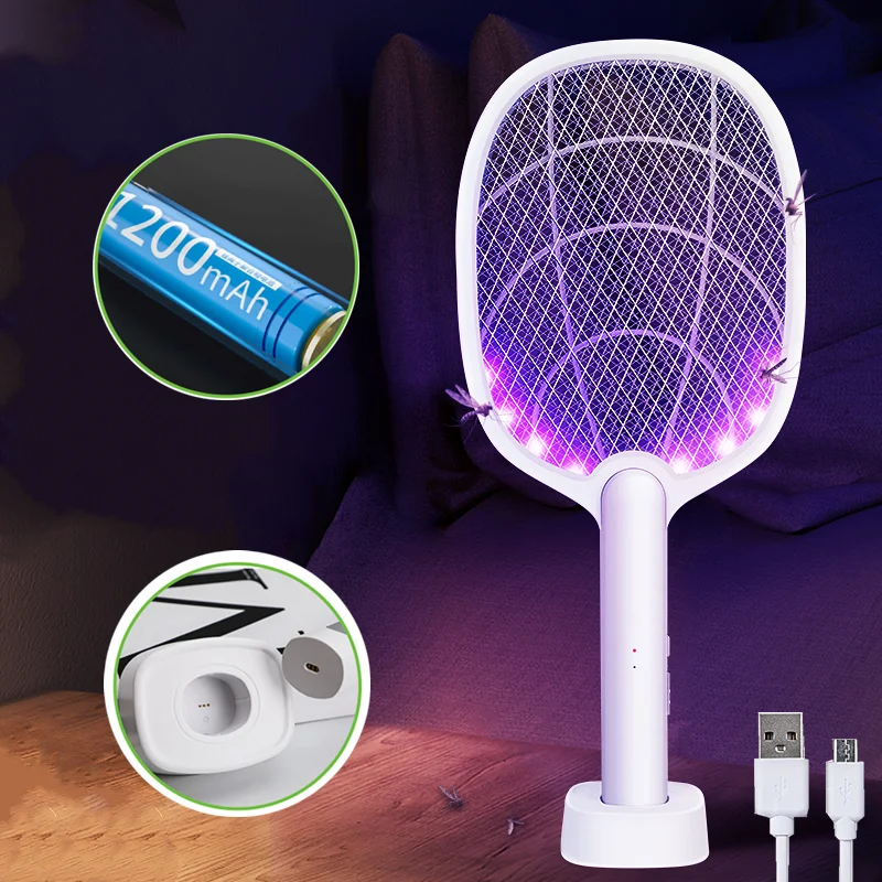 

2in1 Electric Mosquito Racket USB Rechargeable Fly Swatter with Purple Lamp Seduction Trap Summer Night Baby Sleep Protect Tools