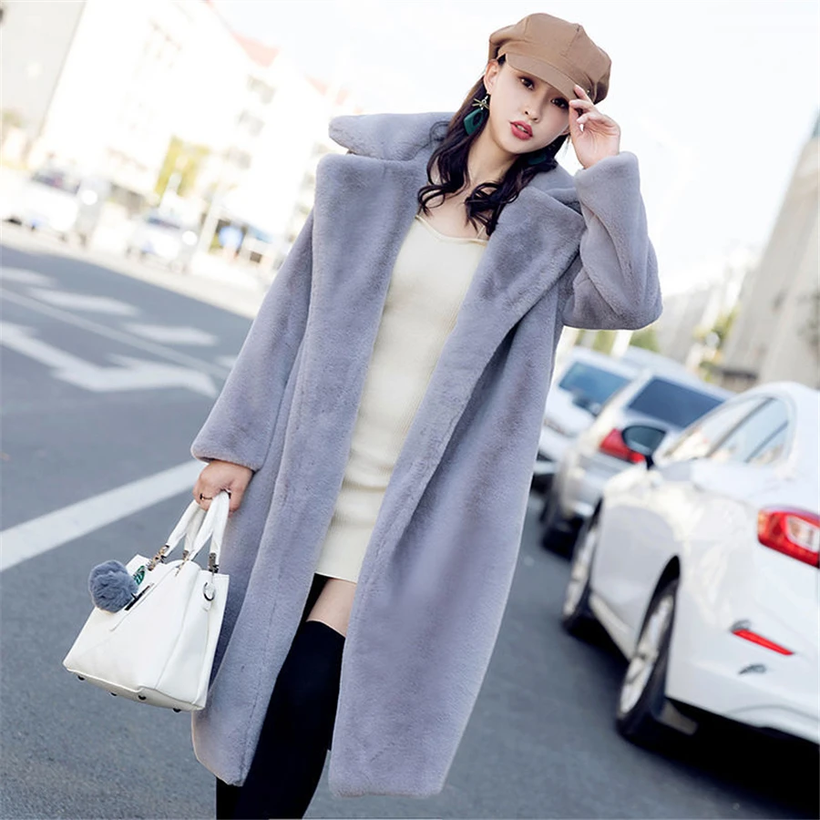 Mid-length Winter Faux Mink Fur Coat Women Loose Plush Warm Thicken Casual Korean Overcoat Streetwear Outwear Solid Furry Jacket