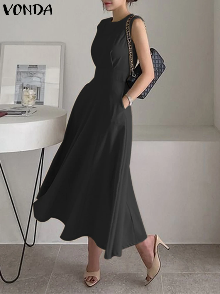 

VONDA Summer Sundress Long Shirt Maxi Dress 2023 Women Elegant OL Style Pockets Casual Solid Color Sleeveless Pleaed Party Robe