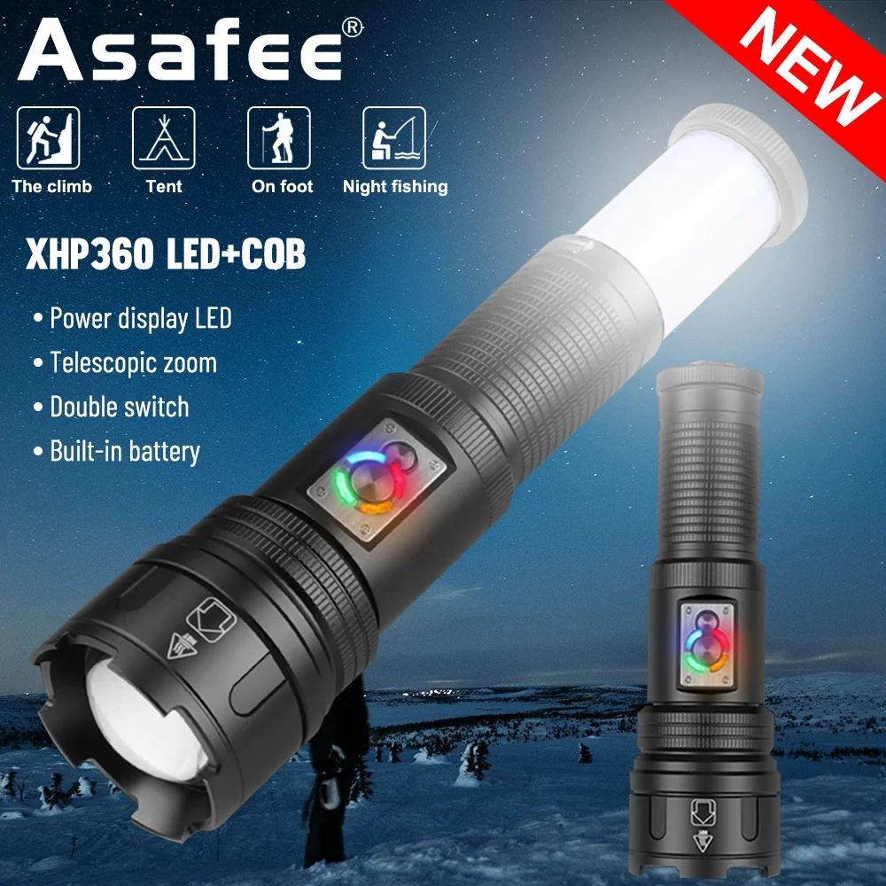 

Фонарик Asafee 30 Вт/XHP360, супер яркий фонарик для кемпинга на открытом воздухе, телескопический зум, 4 переключателя передач, встроенный аккумулятор, 2800 люмен