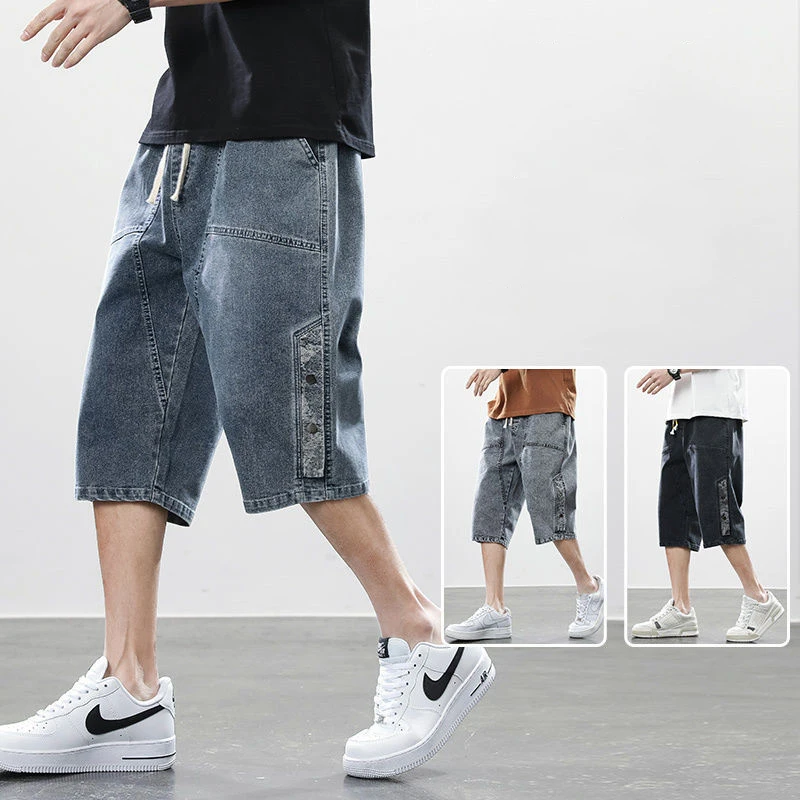 

NEW 2022 Men's Denim Pants Calf-Length Jeans Summer Elastic Waist Drawstring Hip Hop Fashion Casual Short Trousers