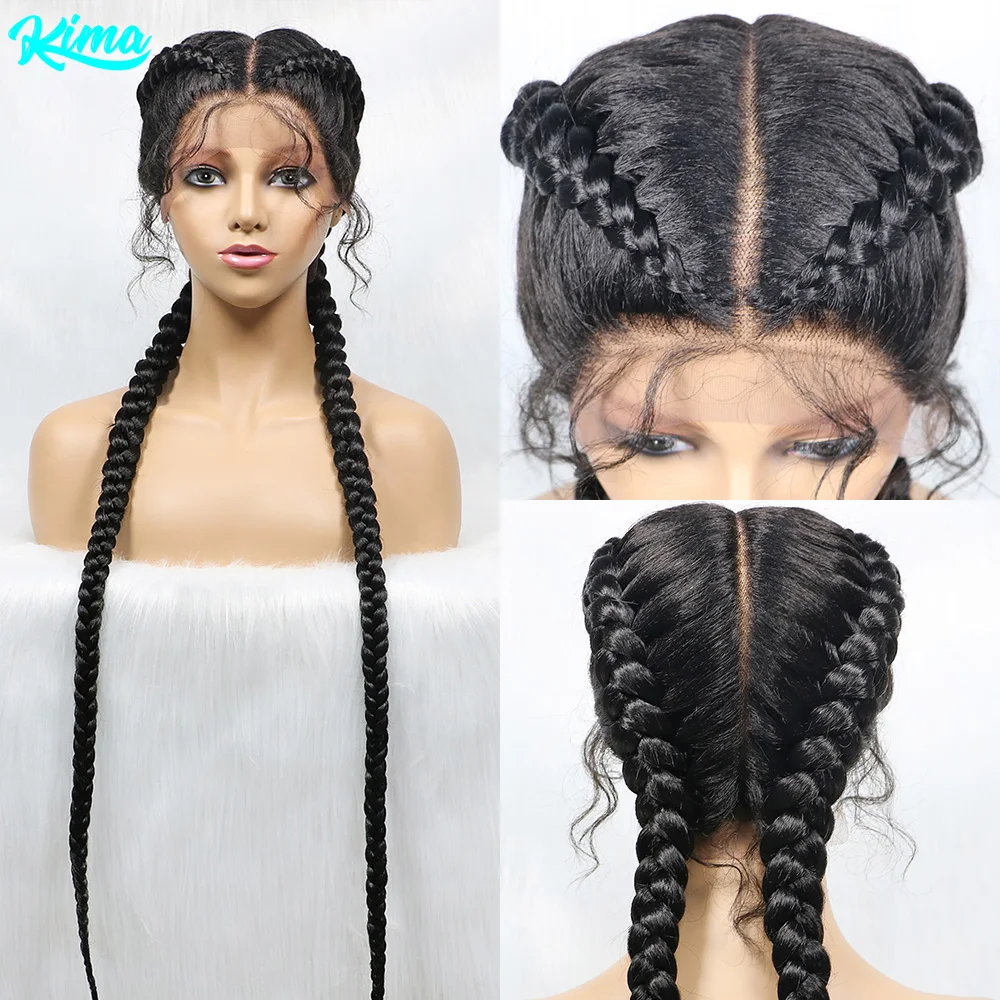 36 Inches Long Lace Front Synthetic Braided Wigs Lace Front Dutch Twins Braids Wig With Baby Hair for Black Women