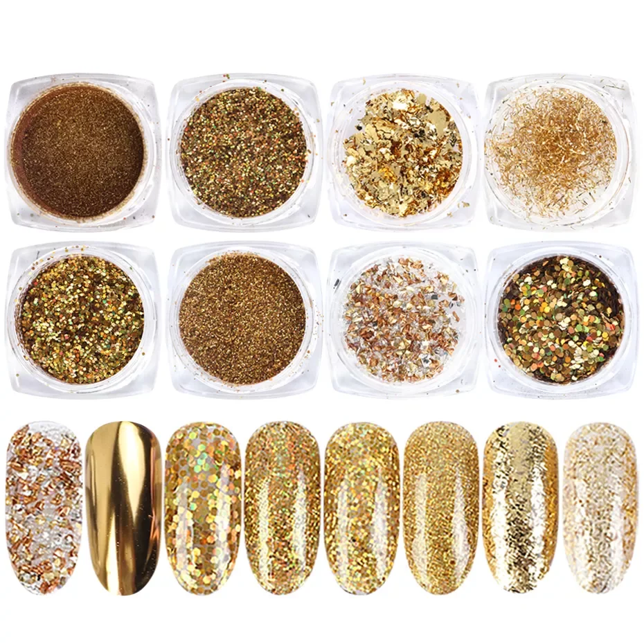 

8 Box Mirror Gold Nail Art Glitter Powder Set Holographic Gold Aluminum Sequins Paillette Manicure Rubbing For Nails LY1506-07