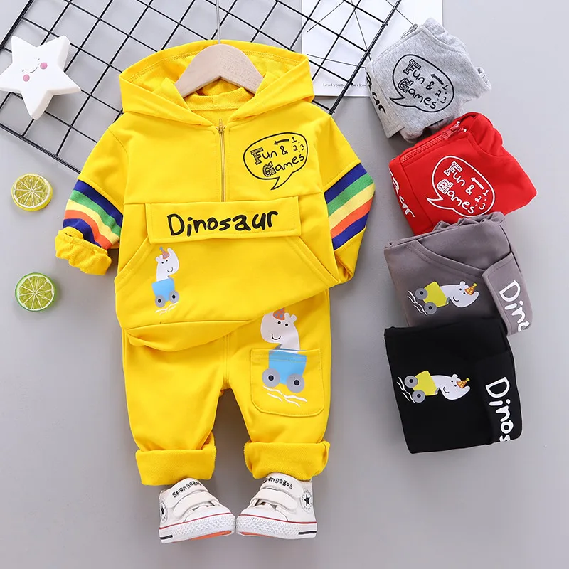 New Spring Kids Clothes Baby Dinosaur Cotton Sports Hooded Sweater Shirt Pants Sets Children Boys Kids Casual Suit 0-5 YEARS