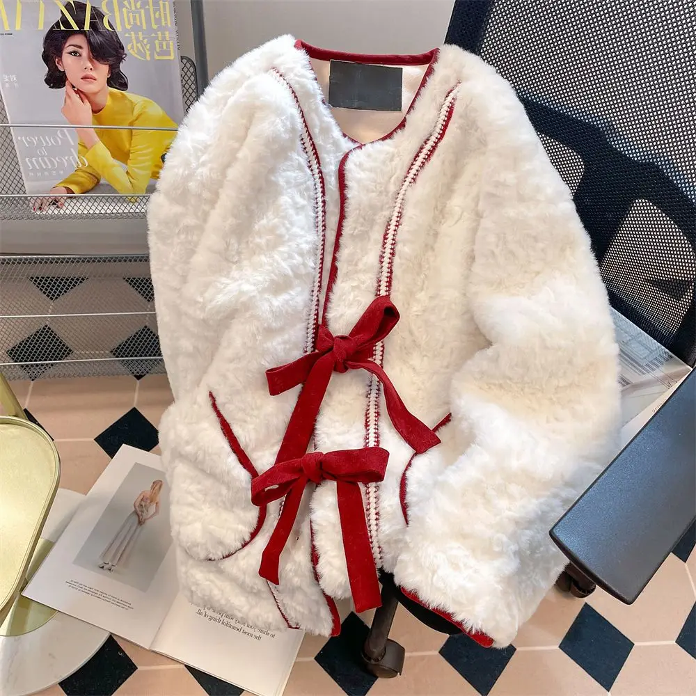 

Vintage Red Bow Lamb Wool Jacket Women Korean Single-breasted Hooded Jacket Winter Coat Warm Teddy Overcoat Female Loose Outwear