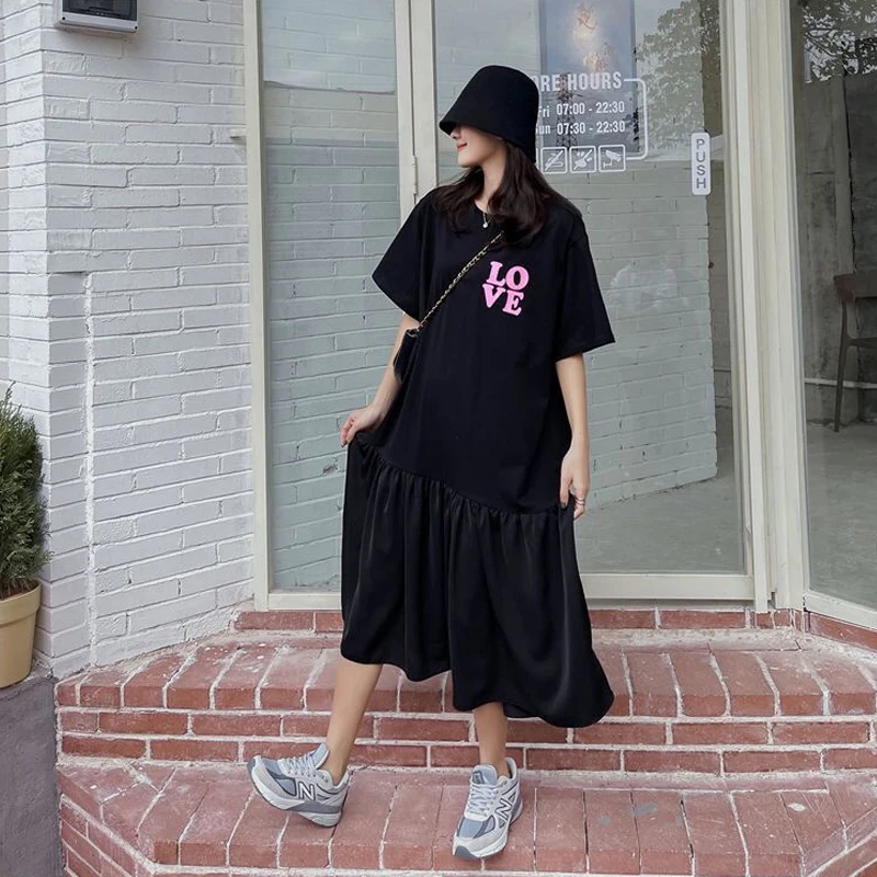 

Summer New Letter Printing T Shirt Dress Short Sleeve Round Neck Loose Plus Size Casual Dresses Fashion Korean Women Clothing