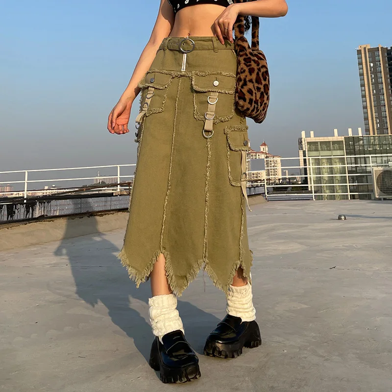 

American street belted khaki split denim skirt 2022 new rough edge irregular hem high waist skirt women's clothing