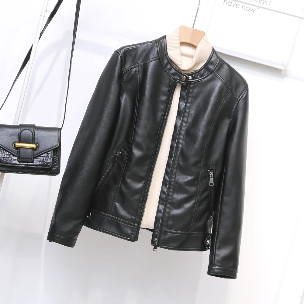 2023 autumn new women's small stand collar leather motorcycle simple leather jacket casual coat