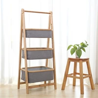 3 tier laundry basket wooden foldable washing bathroom storage shelf with cotton bags
