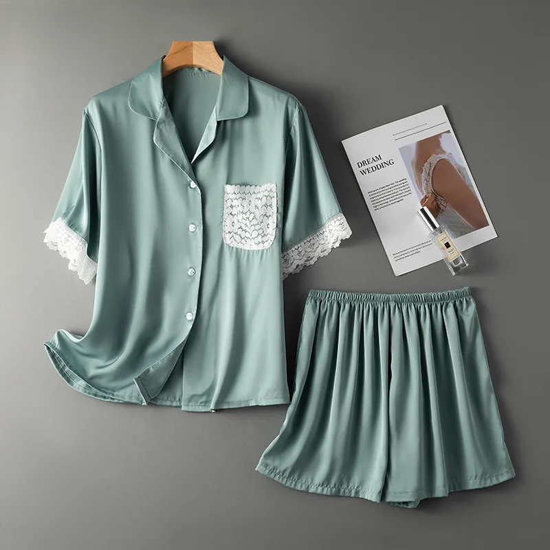 Women's Lace Satin Pajamas Shorts Set Silk Two Piece Sleepwear Short Sleeve Top with Shorts Set Loungewear Button Down Pjs Set