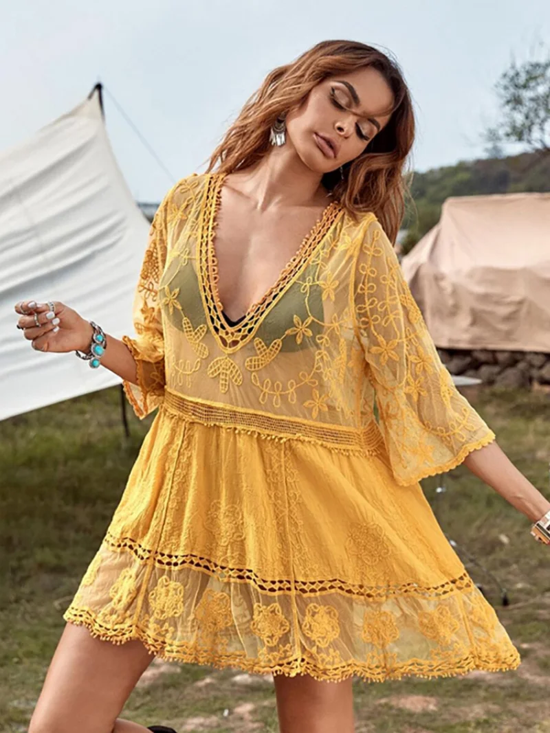 Lace Outerwear Bikini Smock, Perspective Sun Protection Shirt Vacation Hot Spring Shirt Short Pullover Mesh Sun Protection Shirt