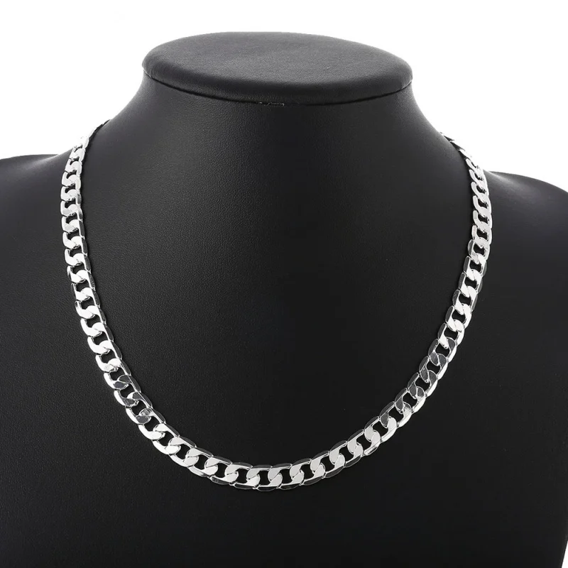 

16-24-Inch 925Sterling Silver European and American Fashion Boutique Spot Foreign Trade Hot Sale8MMFlat Side Necklace