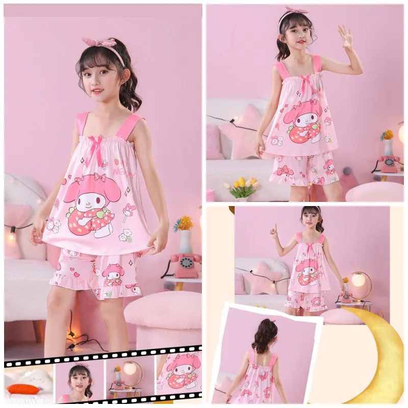 

Sanrio Kawaii Kuromi Kids Pajamas Women Anime Cinnamoroll Summer Short Sleeve Camisole Vest Cartoon My Melody Girl Homewear Set
