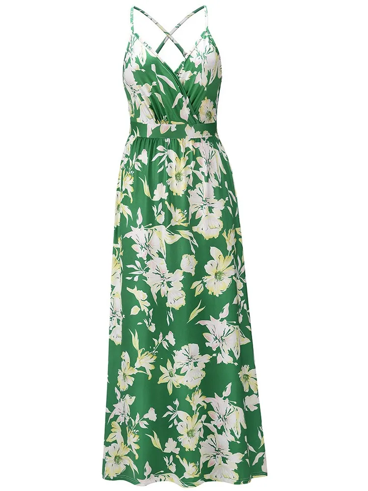 

Spring Summer New Style Fashion V-neck Sleeveless Pencil Dresses 2024 Bohemian Floral Print Suspenders Long Dress Women