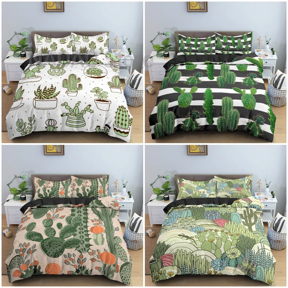 

Green Cactus Pattern Duvet Cover Set Luxury Bedding Set Bedroom Decor Bedclothes Pillowcase King Queen Twin Single Size 2/3Pcs