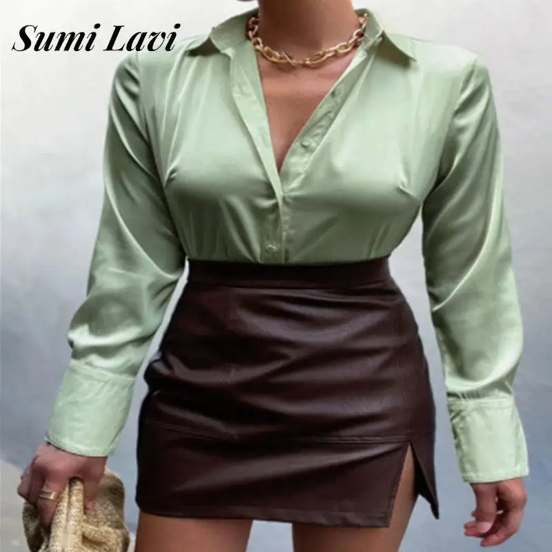 

Женские Элегантные расклешенные офисные рубашки с длинным рукавом, модная Универсальная Женская однотонная блузка, весенние Рубашки для п...