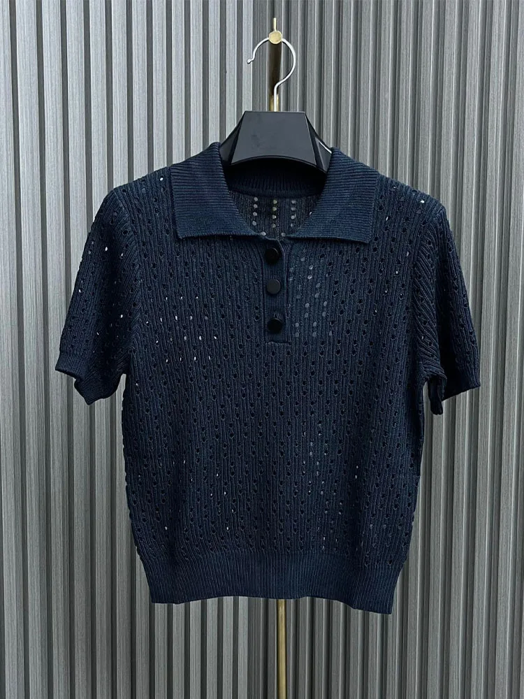 

2023 New Spring And Summer Women Fashion Comfortable Breathable Simple Knitted Hollow Short Sleeve Polo Shirt Femme